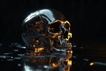 Glowing futuristic skeleton skull in dark fantasy with metallic surface, wet floor. Generative AI