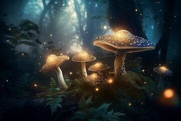 Fototapeta na wymiar Enchanting forest adorned with mystical mushroom, butterfly, moonlit rays, and snowy glade. Generative AI