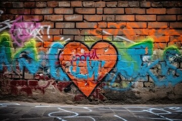 Heart-shaped graffiti in various colors on brick surface as love symbol. Generative AI