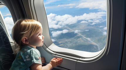 Generative AI, cute child boy or girl looking out the window of an airplane, flying with children on air transport, a young pilot, a little passenger, big eyes, a dreamer, a beautiful view