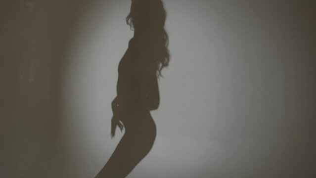 Silhouette of a dancing woman with a beautiful figure on a gray background. The shadow of a graceful body.