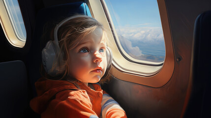 Fototapeta na wymiar Generative AI, cute child boy or girl looking out the window of an airplane, flying with children on air transport, a young pilot, a little passenger, big eyes, a dreamer, a beautiful view