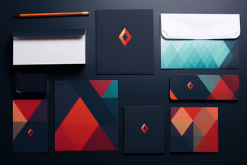 Mock ups with geometric-inspired packaging and business cards, contributing to a brand identity
