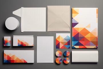 Mock ups with geometric-inspired packaging and business cards, contributing to a brand identity