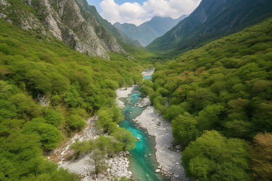 Overhead view of Valbona Valley National Park in Albania; water sparkling. Generative AI