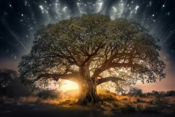Fototapeta na wymiar Enchanting tree radiating light beneath majestic sky. Generative AI