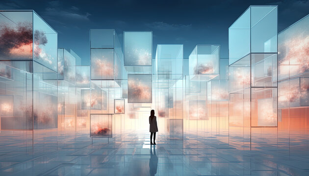 Imaginative scene with floating multimedia screens that project captivating and dreamlike images