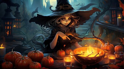 Wickedly Fun: Cartoon Halloween Witch with a Cauldron, Generative AI