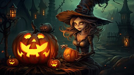 Wickedly Fun: Cartoon Halloween Witch with a Cauldron, Generative AI