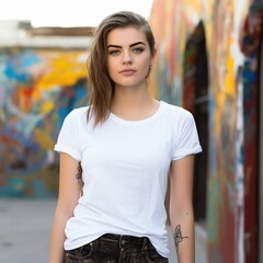 Obraz na płótnie Canvas female wearing white tshirt for mock up with urban background