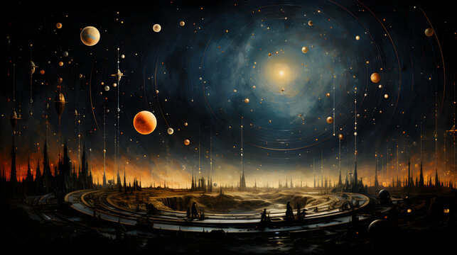 a surreal painting of a space station with planets