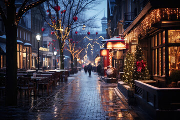 Fototapeta na wymiar Night city winter snowy street decorated with luminous garlands and lanterns for christmas, urban preparations for new year