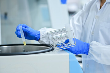 Female medical technologist using diagnostic equipment in cancer hospital lab in Asia