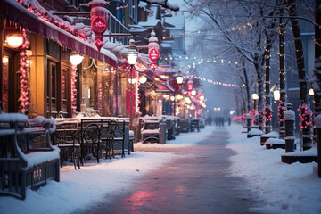 Night city winter snowy street decorated with luminous garlands and lanterns for christmas, urban preparations for new year