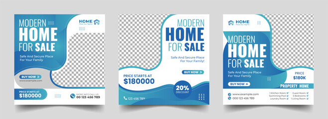 Real estate square social media post or Modern home sale property promotion web banner template bundle. Editable modern house banner layout set