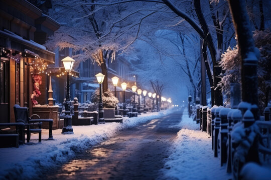 Snow covered street decorated with lanterns in the suburbs in winter on New Year's Eve