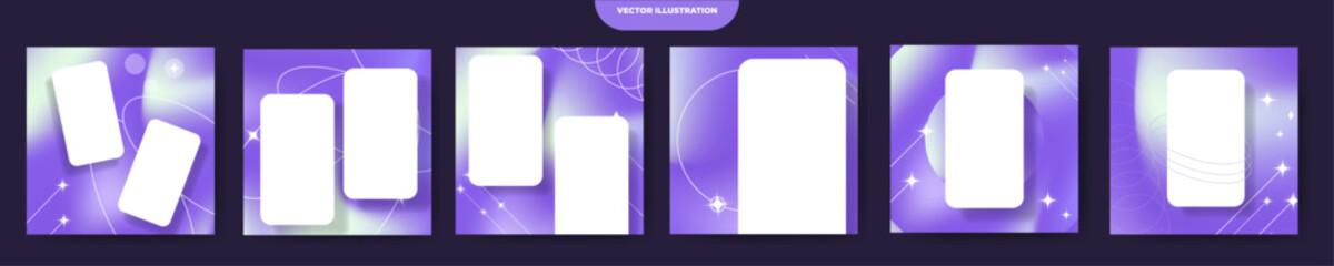 Blue and Purple Holographic Gradient Collection Template Backgrounds with 3D Mobile Screen frame for Social media posts, cards, posters, banners. Editable Vector Illustration.
