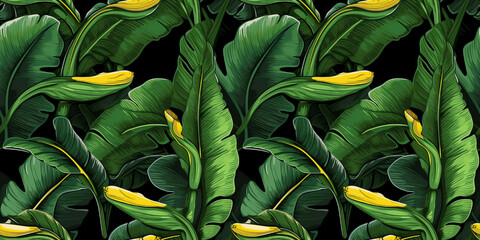 Banana tree drawings seamless pattern, plantain leaves graphics. Concept: Bright jungle elements. - obrazy, fototapety, plakaty