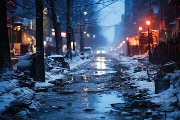 Dirty slum in a poor area of the city, snow covered street in the suburbs in winter on New Year's Eve