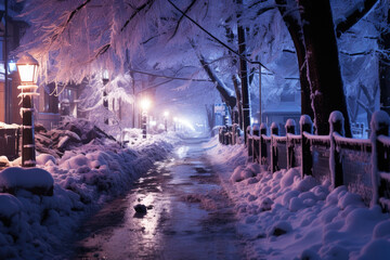 Snow covered street in the suburbs in winter on New Year's Eve