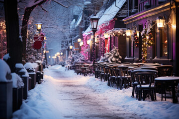 Obraz premium Night city winter snowy street decorated with luminous garlands and lanterns for christmas, urban preparations for new year