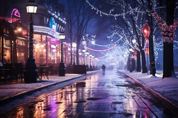 Night city winter snowy street decorated with luminous garlands and lanterns for christmas, urban preparations for new year