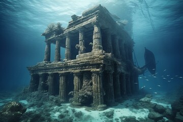 Ruins of lost Atlantis in the ocean. Generative AI