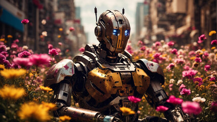 Robot amidst flower field