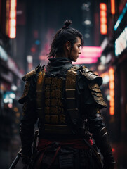 Samurai warrior lost in the futuristic city