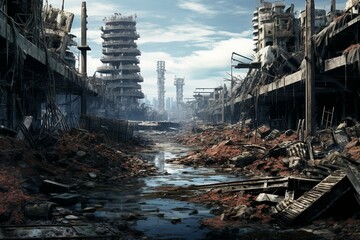 A destroyed urban landscape with collapsed structures and widespread devastation. Generative AI