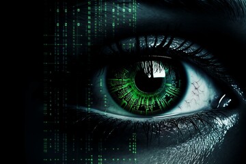 A high-tech eye with a backdrop of illuminated green digital code. Generative AI