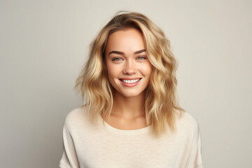 Obraz premium Generative AI portrait charming blonde hair girl woman smiling white teeth isolated pastel color wall background