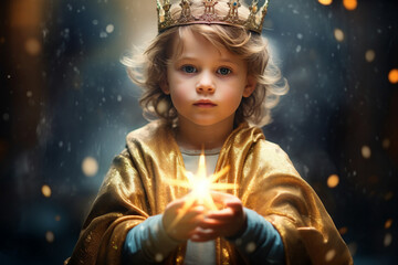 Generative AI picture small God child kid in golden crown symbolizing Jesus glory magic - obrazy, fototapety, plakaty