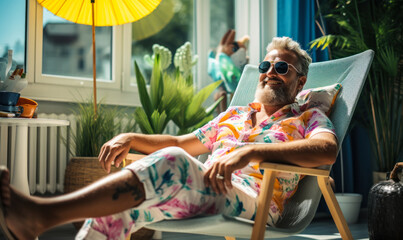 At-Home Vacation: Man Enjoying Staycation on Deckchair