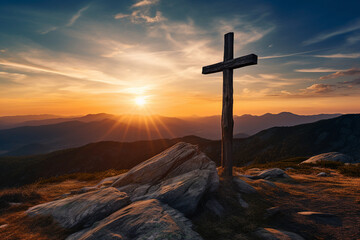 Generative AI picture of the holy cross symbolizing death and resurrection of Jesus Christ over sky