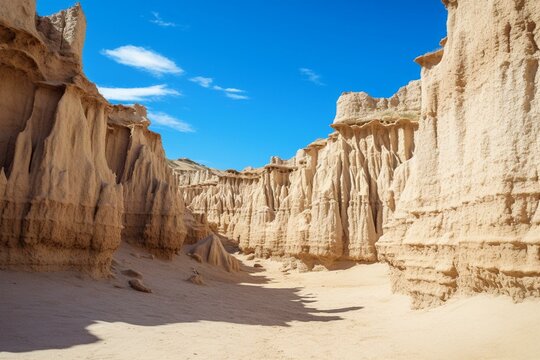 Ravine covered in sand with layered cliffs stands under a clear blue sky. Generative AI