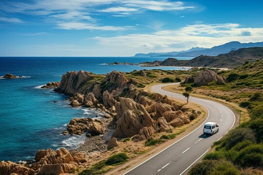 Scenic road trip along Capo Pecora, Sardinia with a view of the Mediterranean Sea. Camper, motorhome, minivan RV on a highway. Generative AI