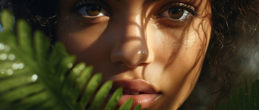 Generative AI picture of beautiful woman among tropical plants exotic palms in green jungle
