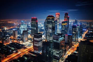 Obraz premium Skyscrapers Shining Bright in Night Cityscape