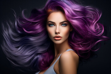 Fototapeta premium Generative AI portrait of natural beauty woman model showing flattering bright violet dyed hairstyle