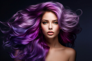 Fototapeta premium Generative AI portrait of natural beauty woman model showing flattering bright violet dyed hairstyle