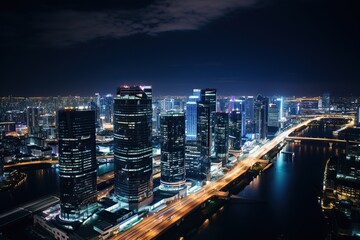 Cityscape at Night: Skyscrapers in the Spotlight