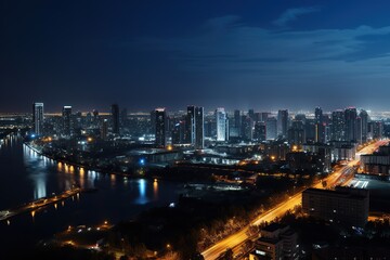 Fototapeta na wymiar Night Cityscape with Skyscrapers: Urban Jungle