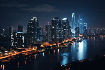 Fototapeta na wymiar Skyscrapers Lighting Up the Cityscape at Night
