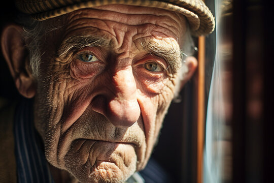 Close up generated ai image of old elderly upset man unhappy pensioner living alone