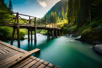 Fototapeta premium A serene wooden rope bridge suspended over a rushing river, the aged wooden planks weathered and worn, casting dappled shadows on the water's surface, the bridge swaying gently in the breeze, Photog