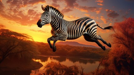 Fototapeta na wymiar The zebra is jumping in the wild