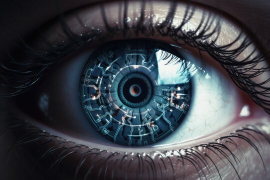 closeup of a human eye with futuristic VR contact lenses (Generative AI)