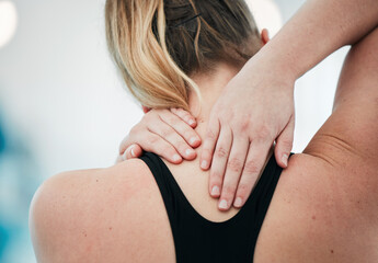 Sports injury, neck pain and closeup with woman at swimming pool for fitness, training and health....