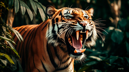 Fototapeta premium big feline ferocious and imposing in the jungle, indian tiger with big teeth